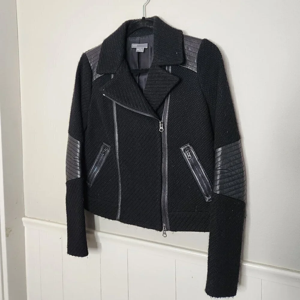 VINCE Black Wool Leather Asymmetrical Moto Style Jacket